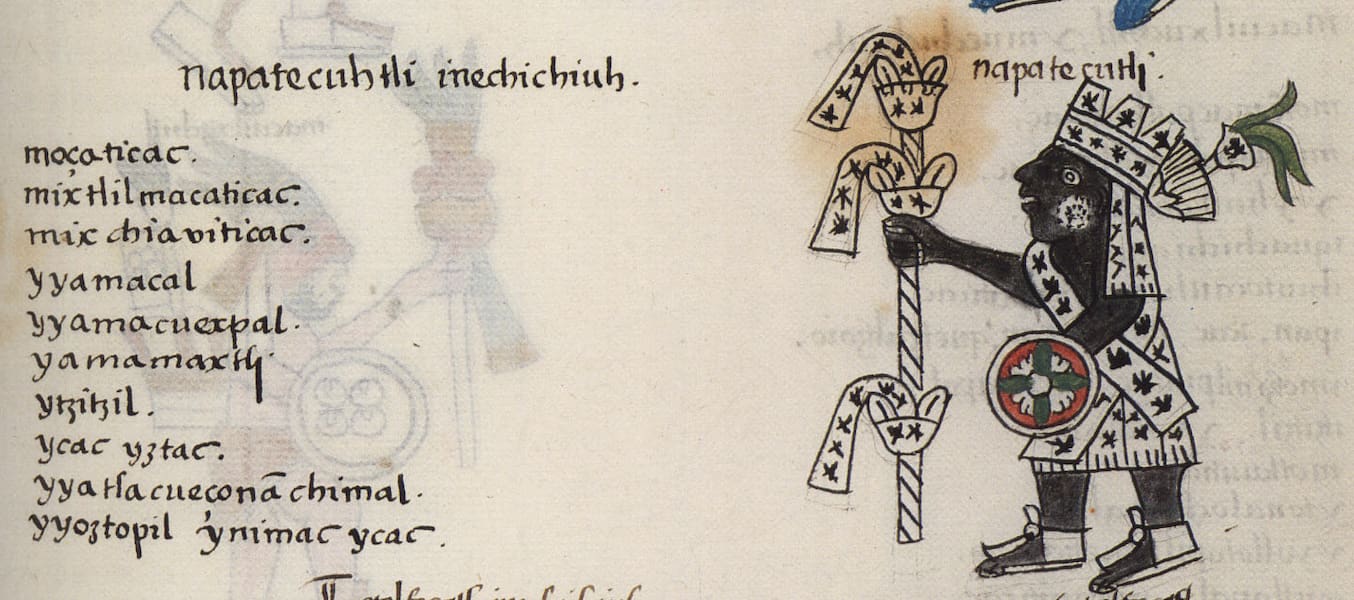 Writing on lefthand side with a ink drawing of a figure holding a staff on the right.